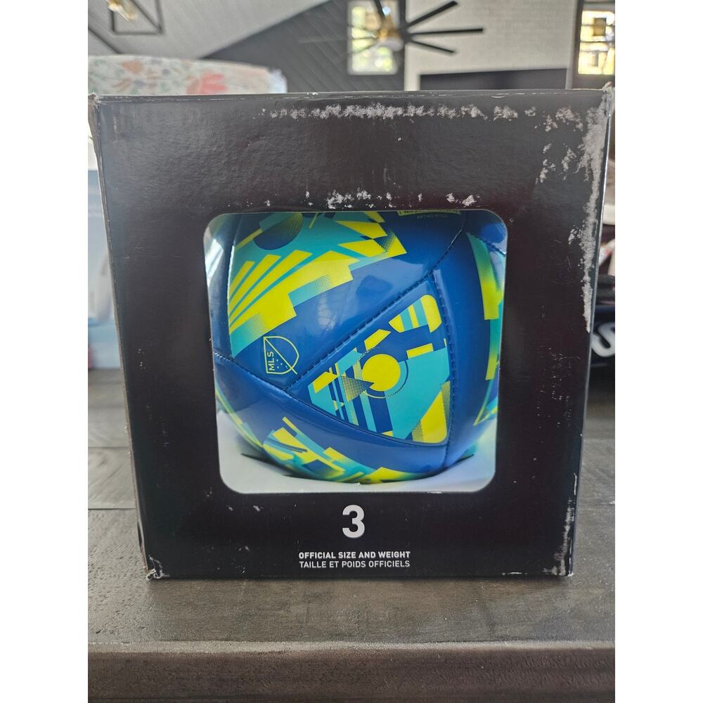 Adidas MLS Club soccer ball, size 3. 
Glow Blue/Samba Blue/Solar Yellow